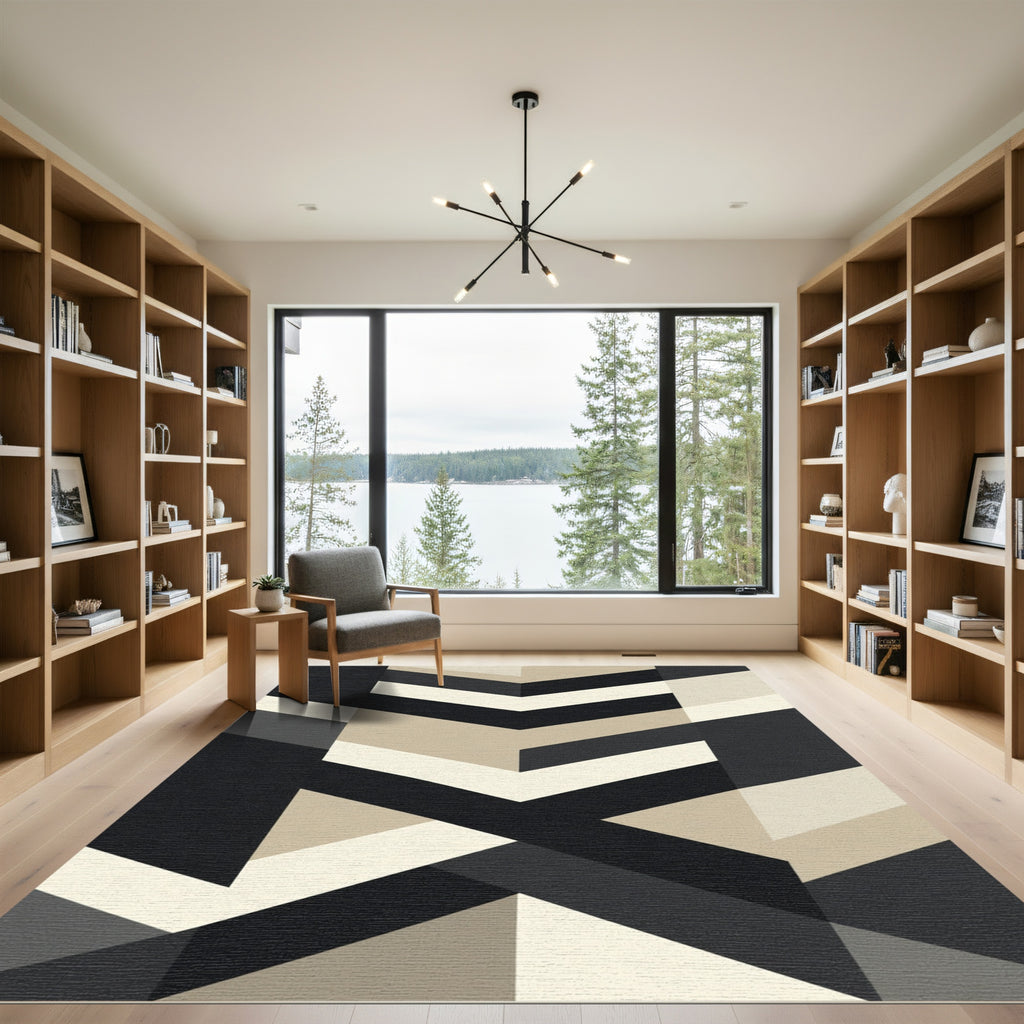 Modern Black Cream Geometric Chevron Rug