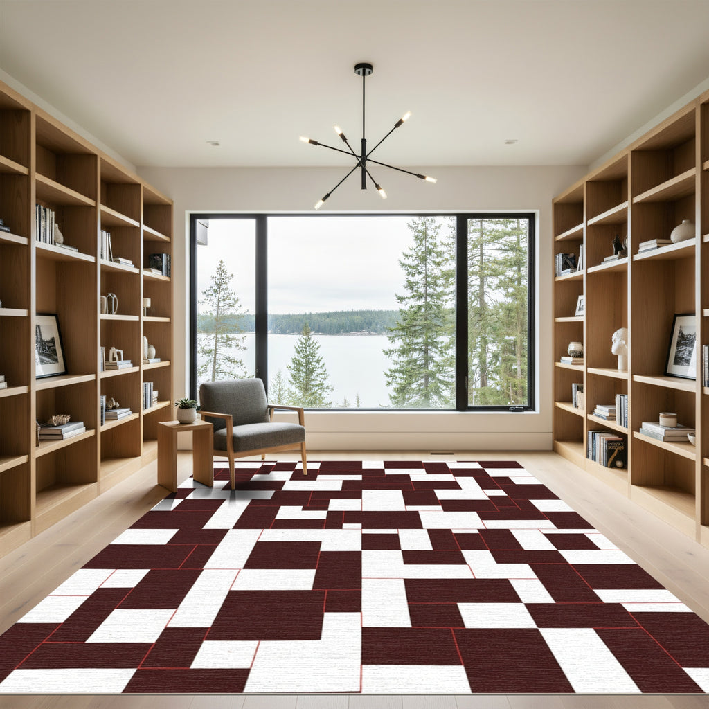 Abstract Dark Brown White Rectangles Rug