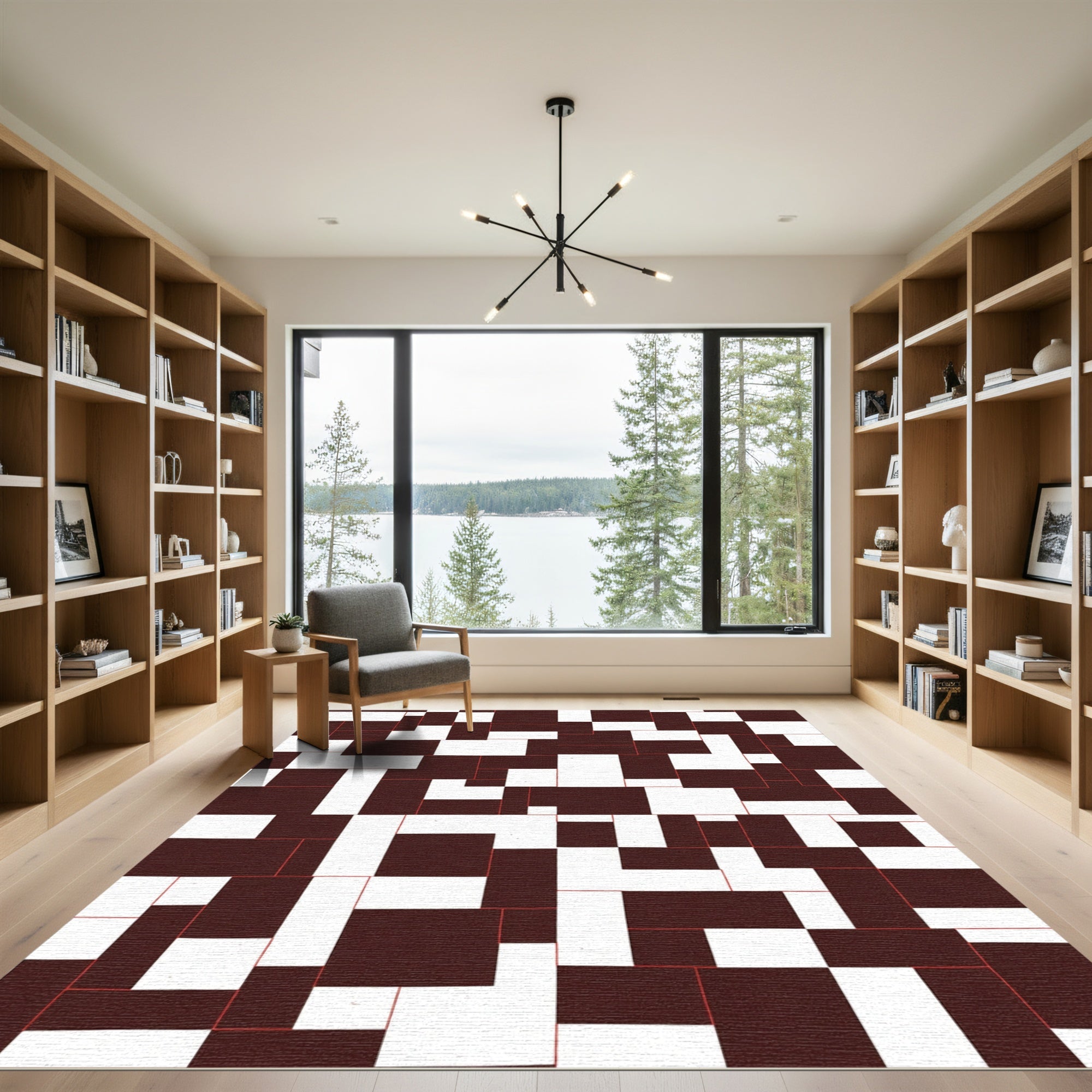 Abstract Dark Brown White Rectangles Rug