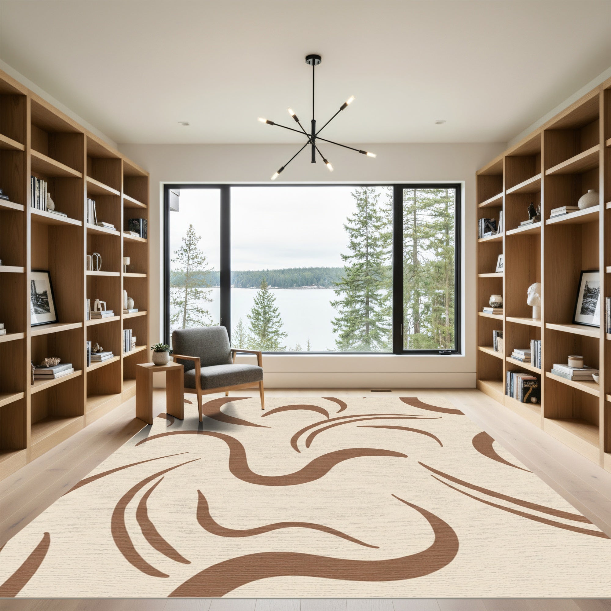 Warm Tan Abstract Swirl Line Rug