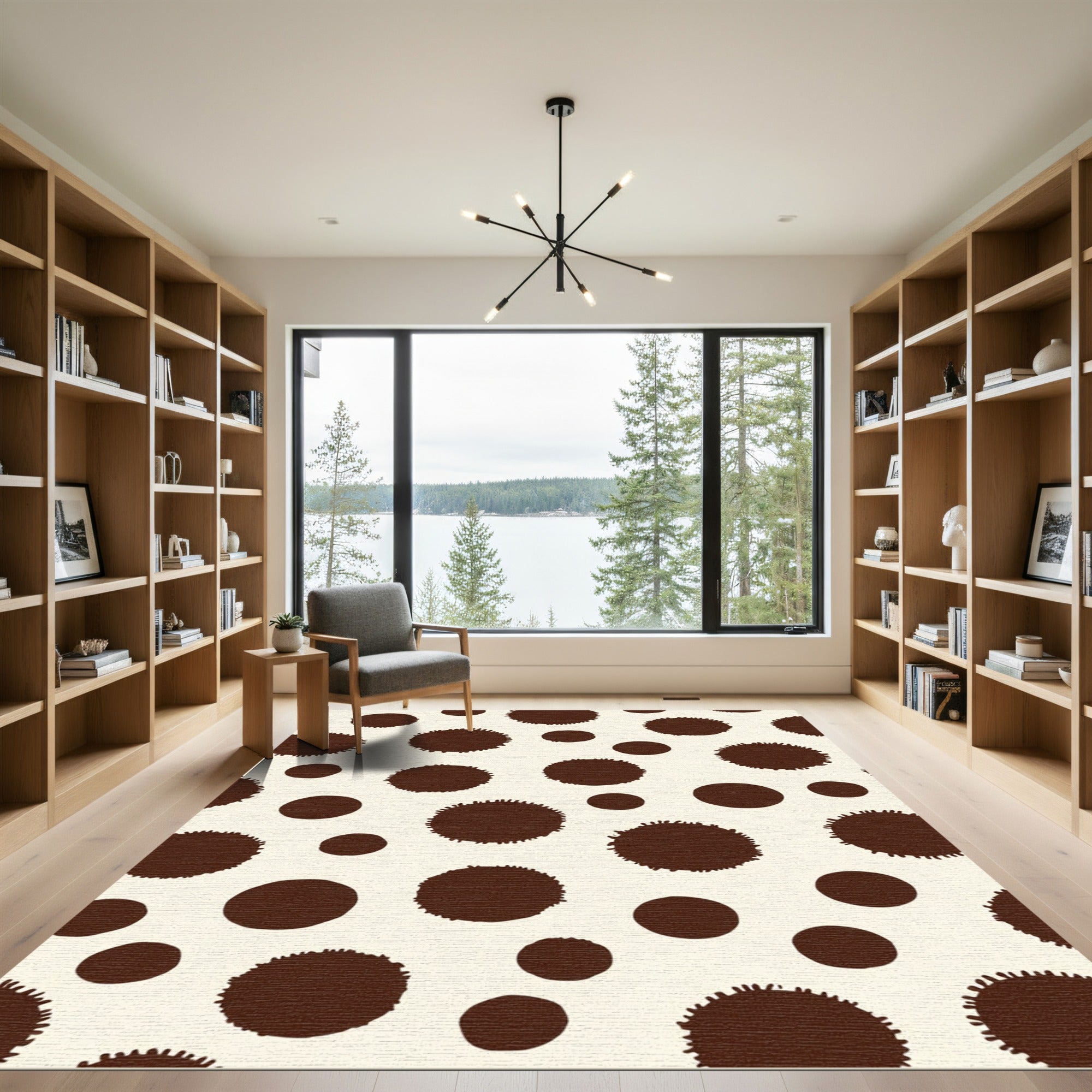 Brown Splattered Polka Dot Cream Background Rug