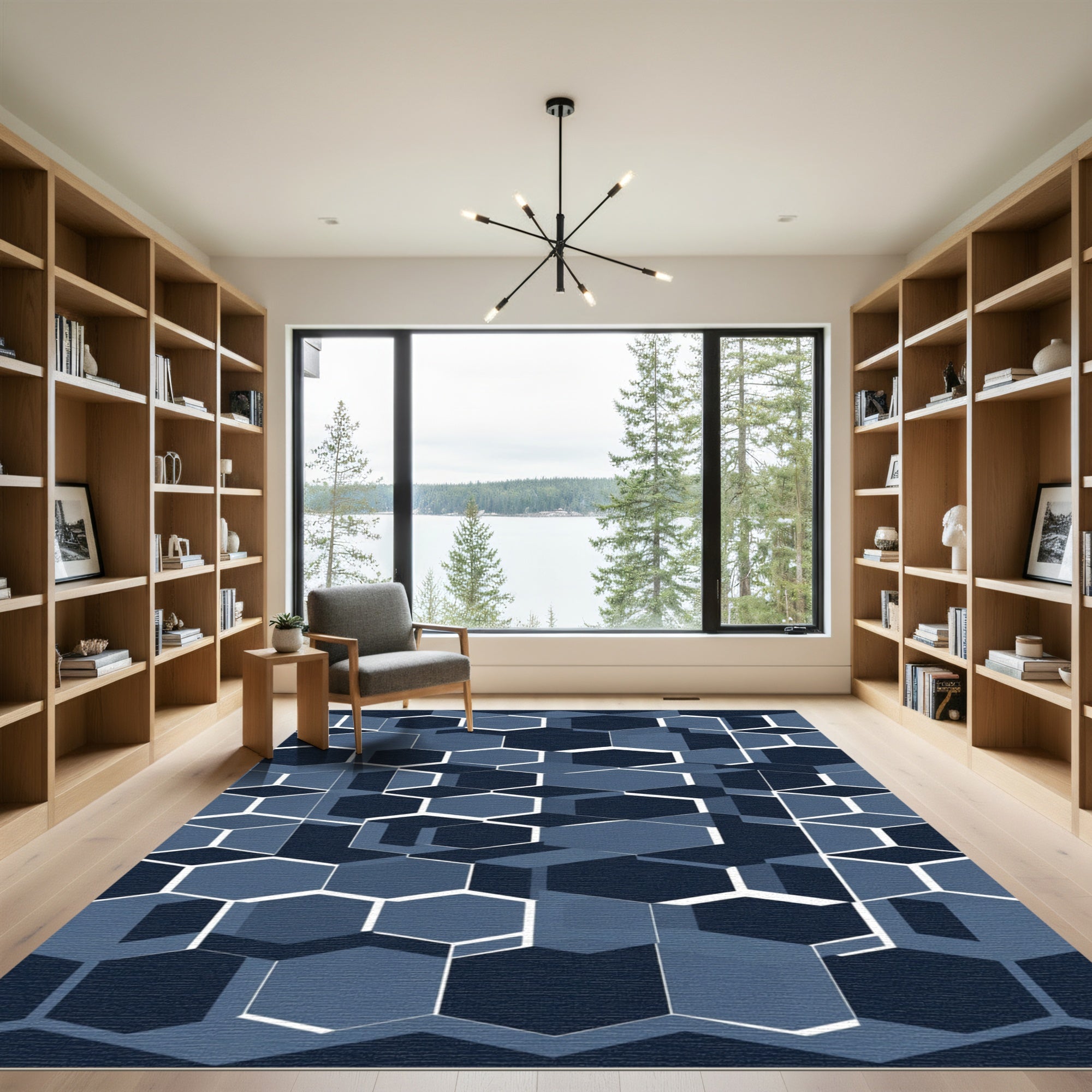 Deep Navy Blue Geometric Hexagon Mosaic Rug