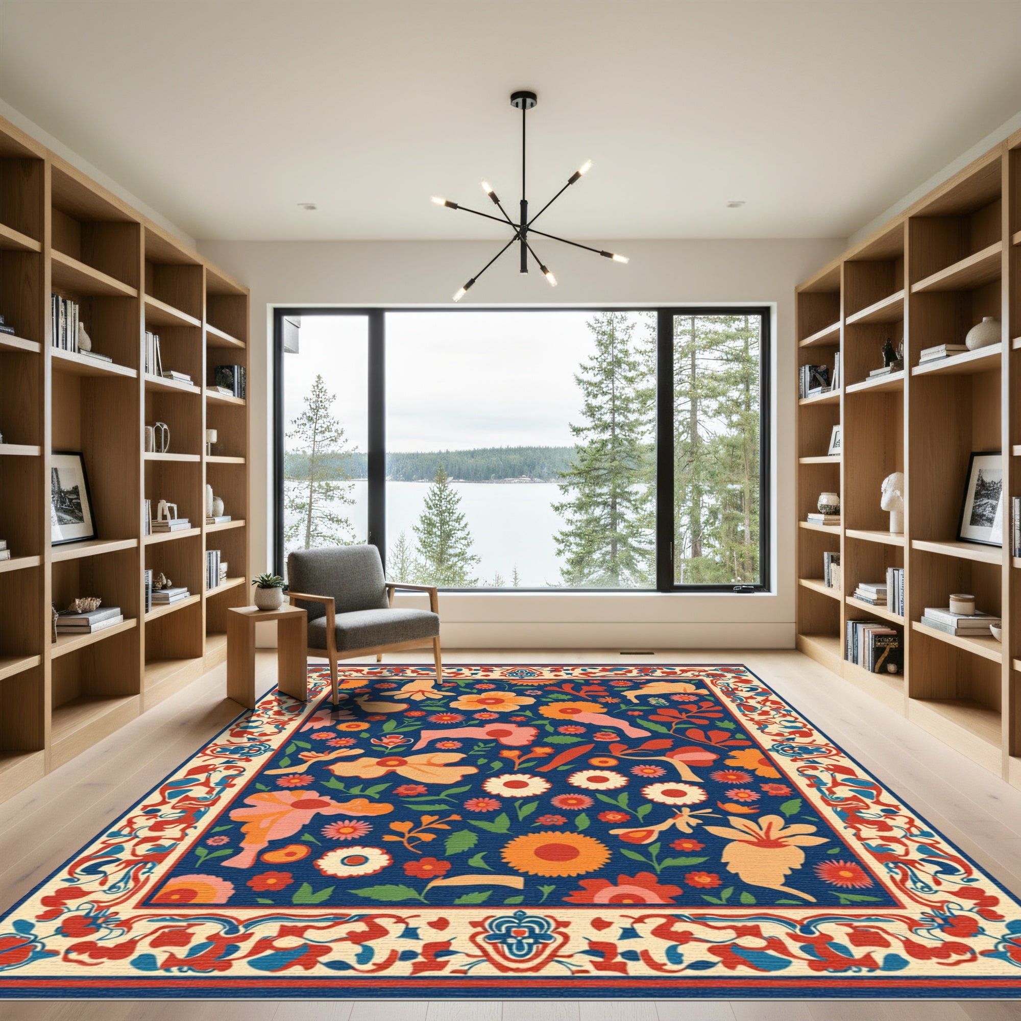 Artistic Floral Cream Border Navy Rug
