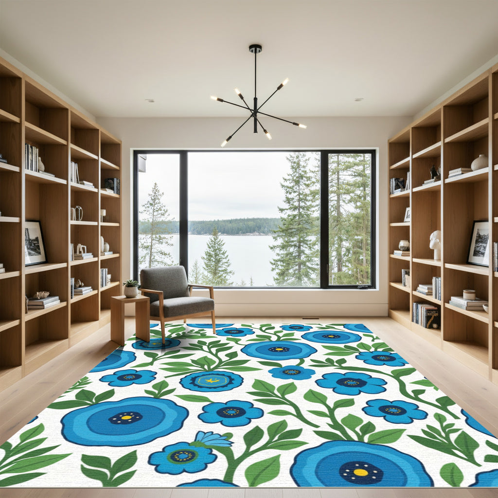 Bright Blue Floral Vine Arrangement Rug
