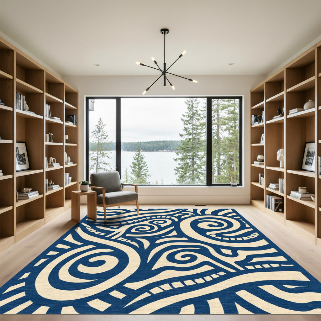 Navy Cream Swirling Organic Lines Rug
