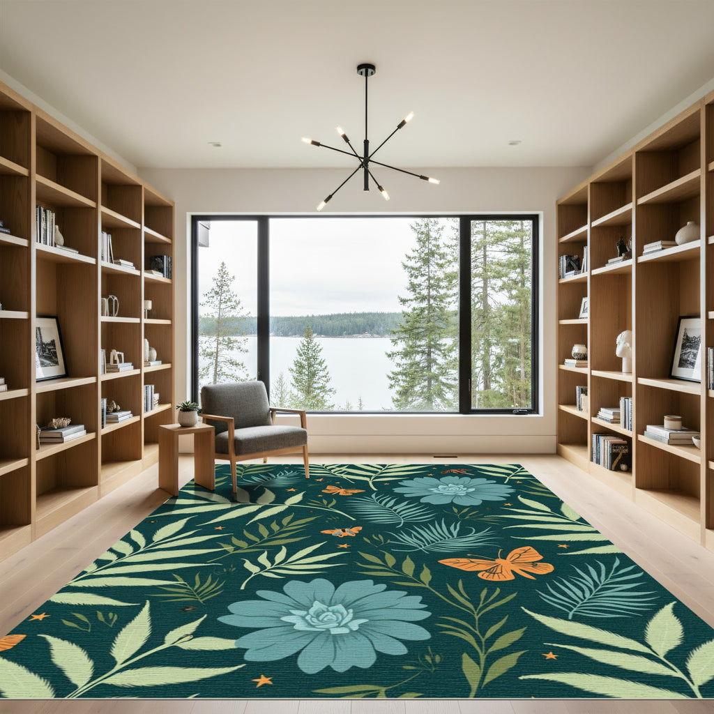 Teal Flower Orange Butterfly Foliage Accents Rug