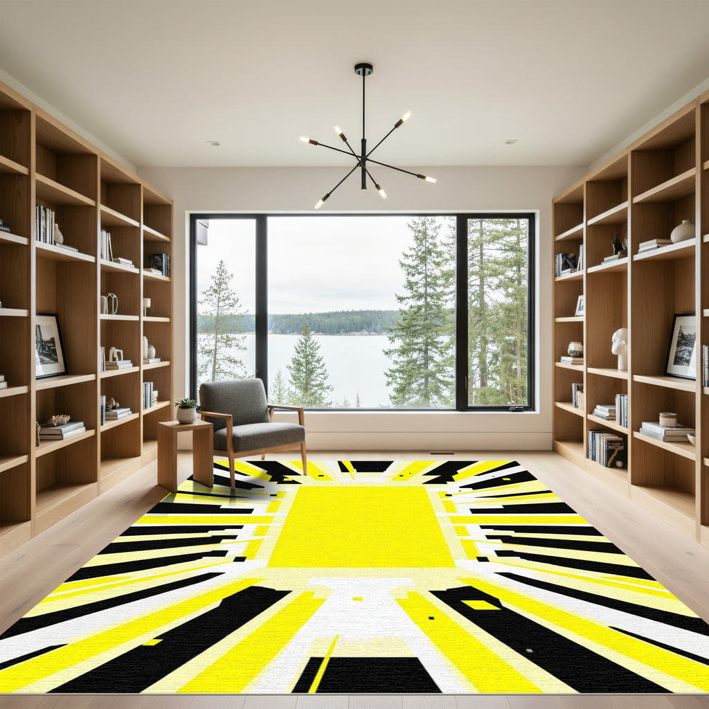 Vibrant Yellow Black Linear Burst Rug