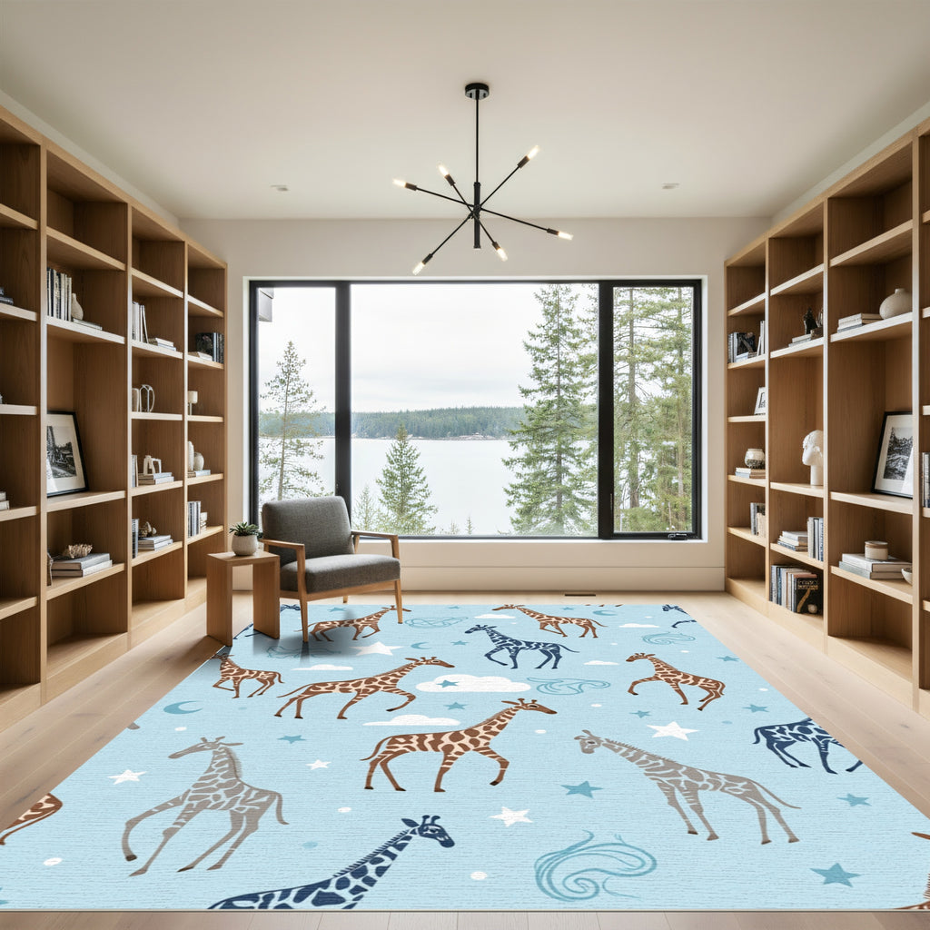 Whimsical Giraffe Sky Stars Rug