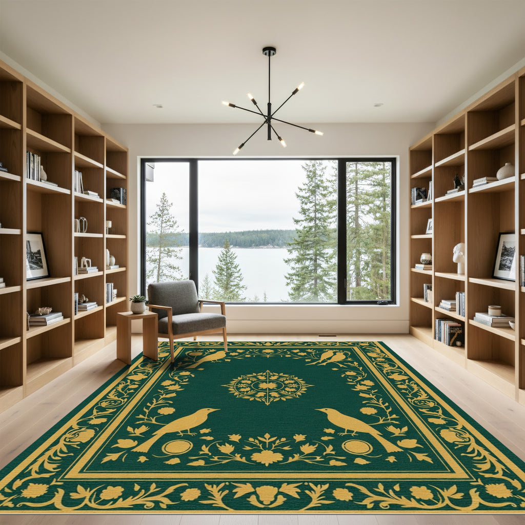 Emerald Golden Bird Floral Medallion Rug