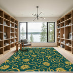 Golden Floral Swirl Teal Rug