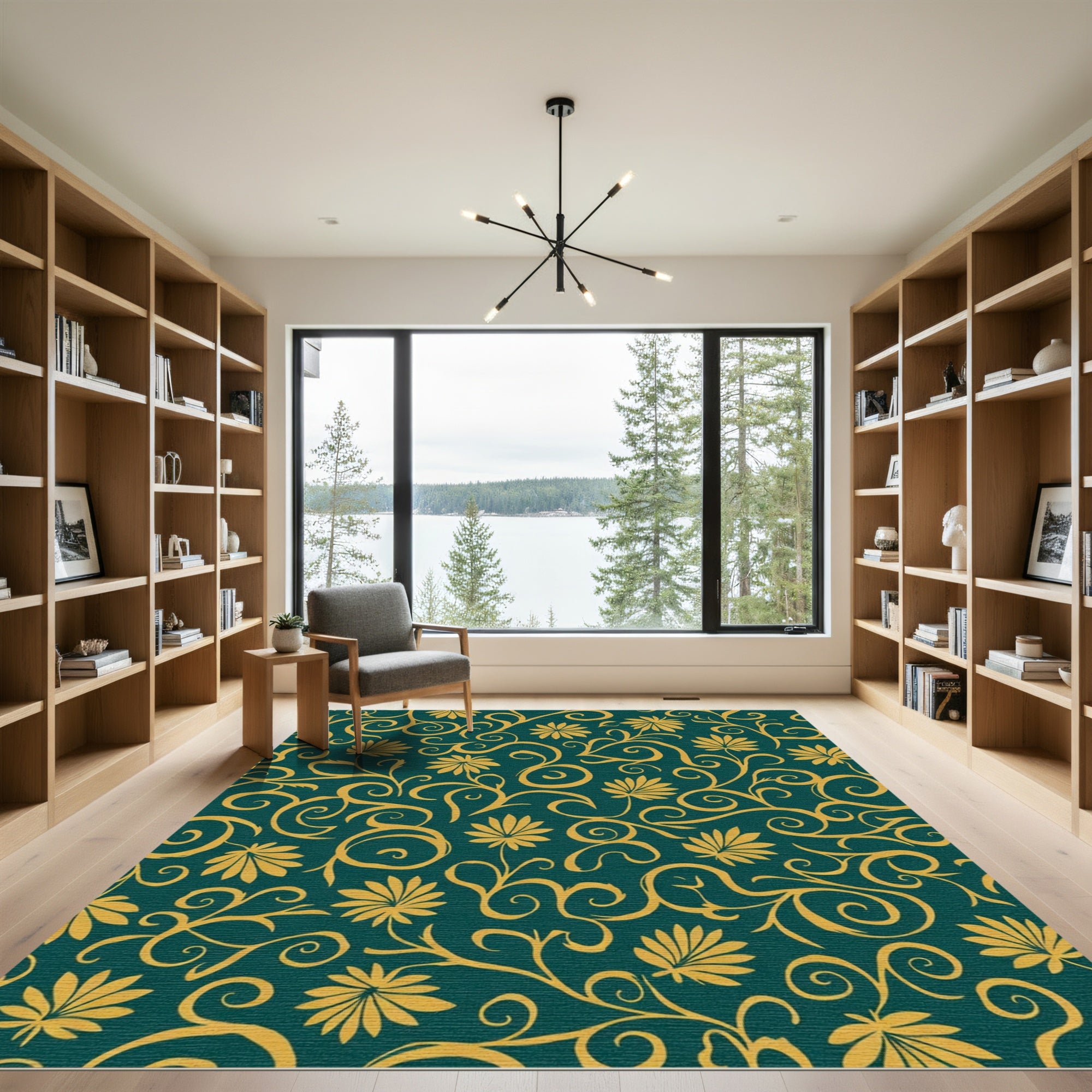 Golden Floral Swirl Teal Rug
