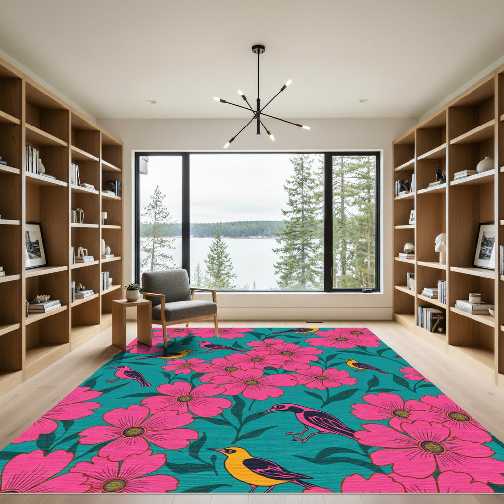 Pink Floral Birds Teal Background Rug