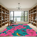 Pink Floral Birds Teal Background Rug