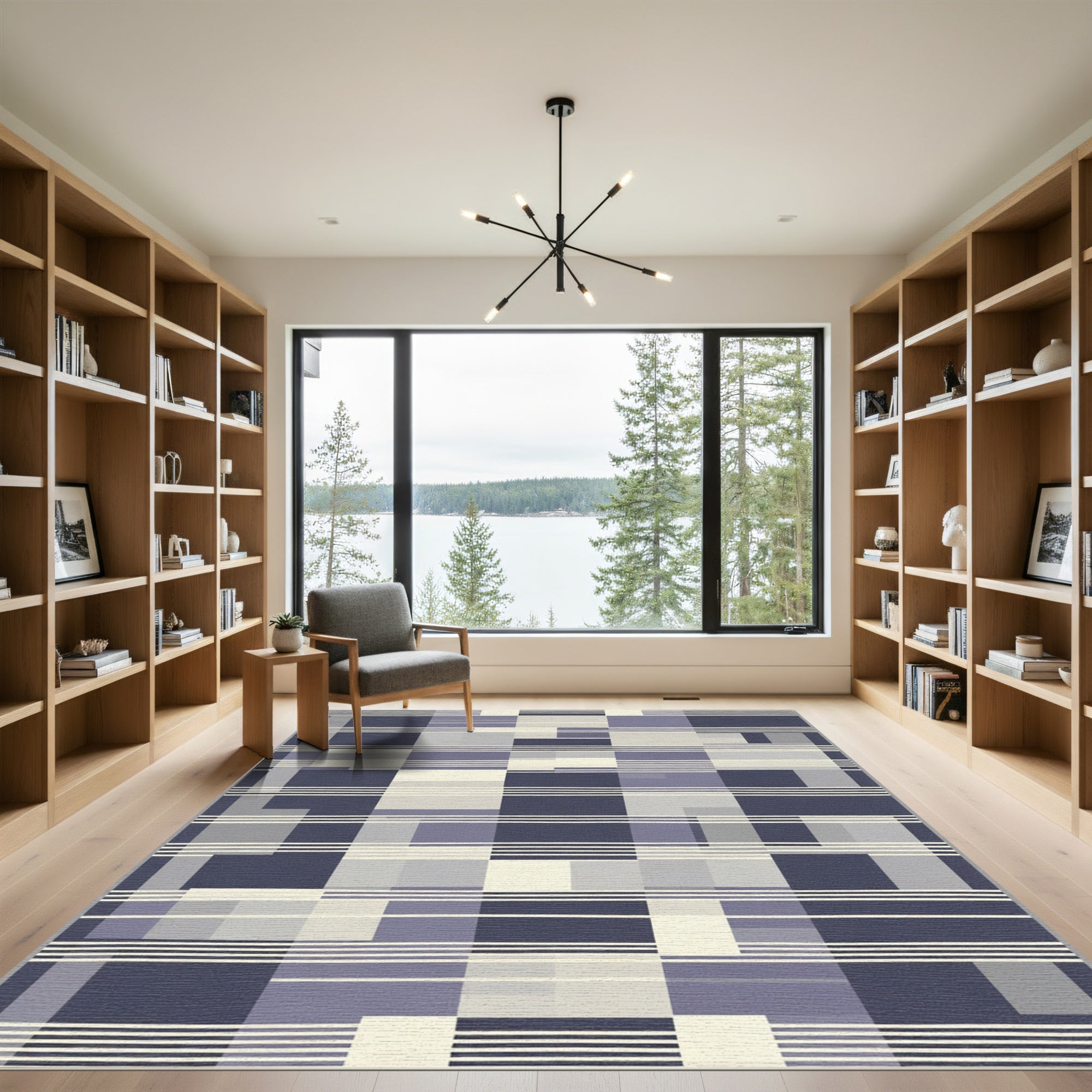 Midnight Blue Geometric Abstract Stripes Rug