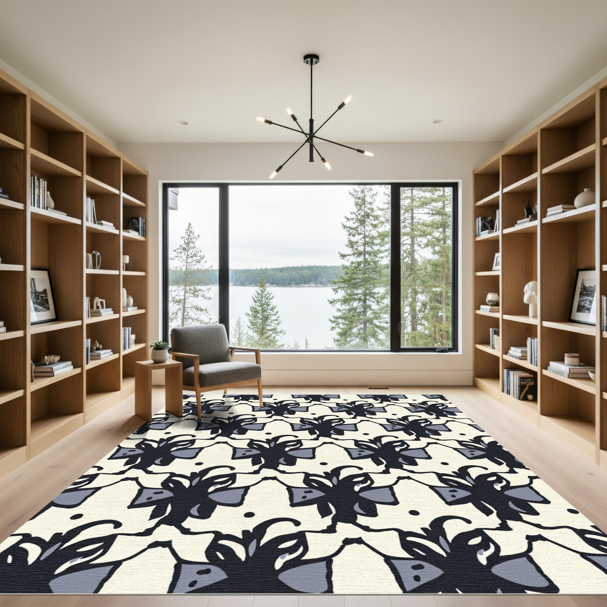 Dark Navy Abstract Floral Brocade Rug