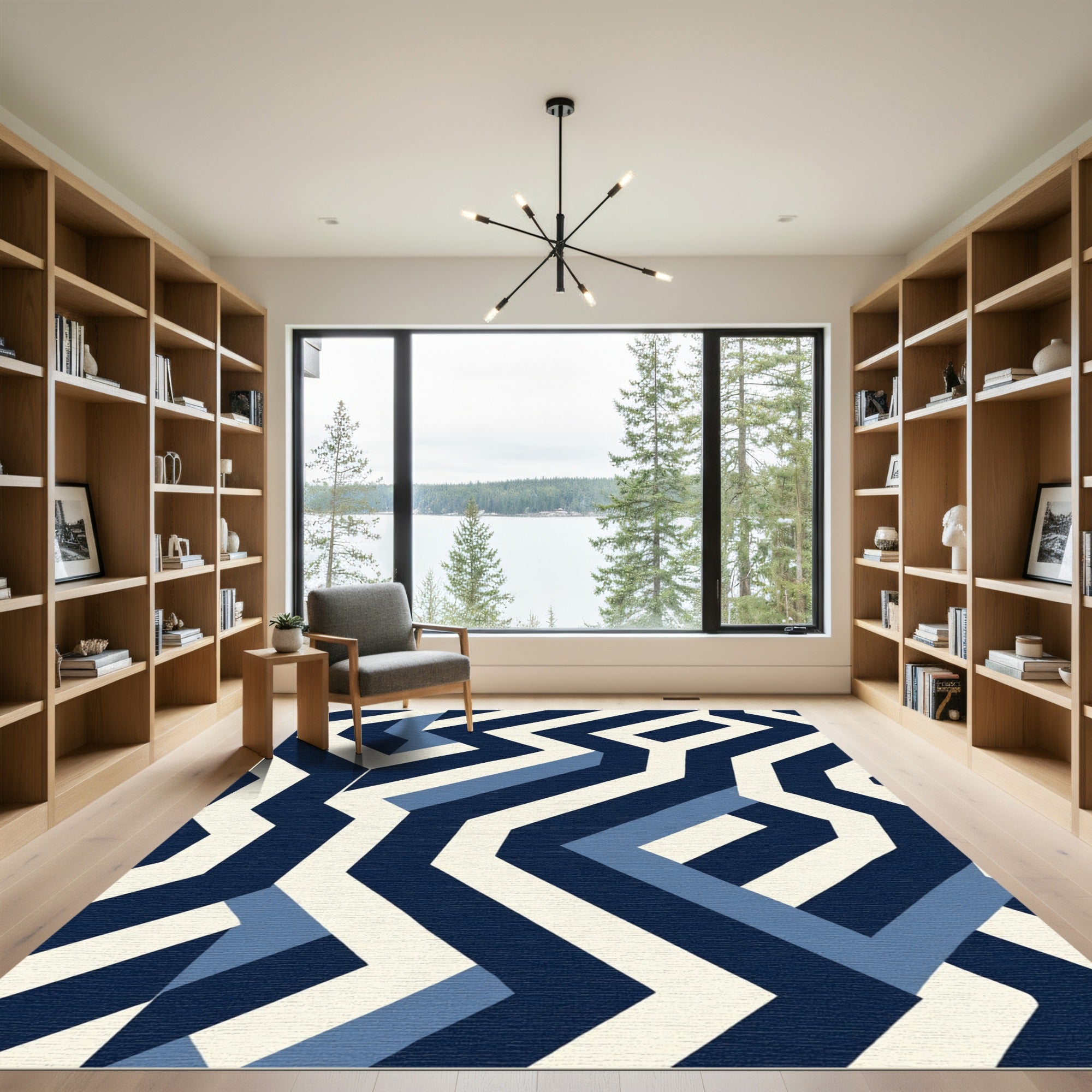 Navy Blue Geometric Maze Rug