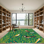 Emerald Green Perched Birds Floral Rug