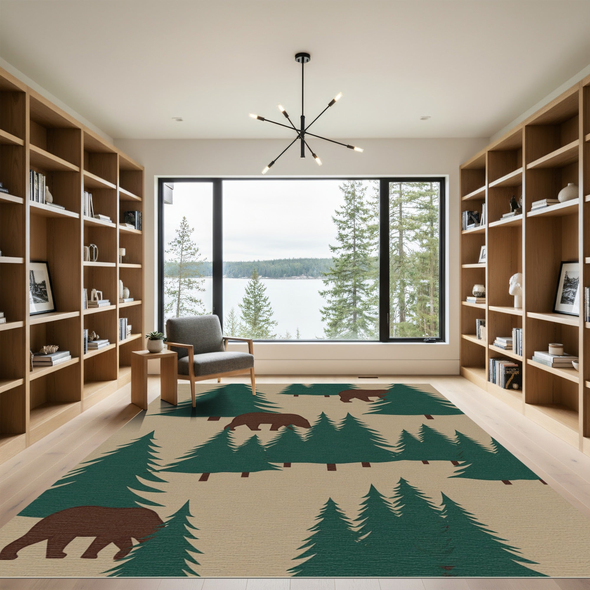 Brown Bear Woodland Forest Scene Rug