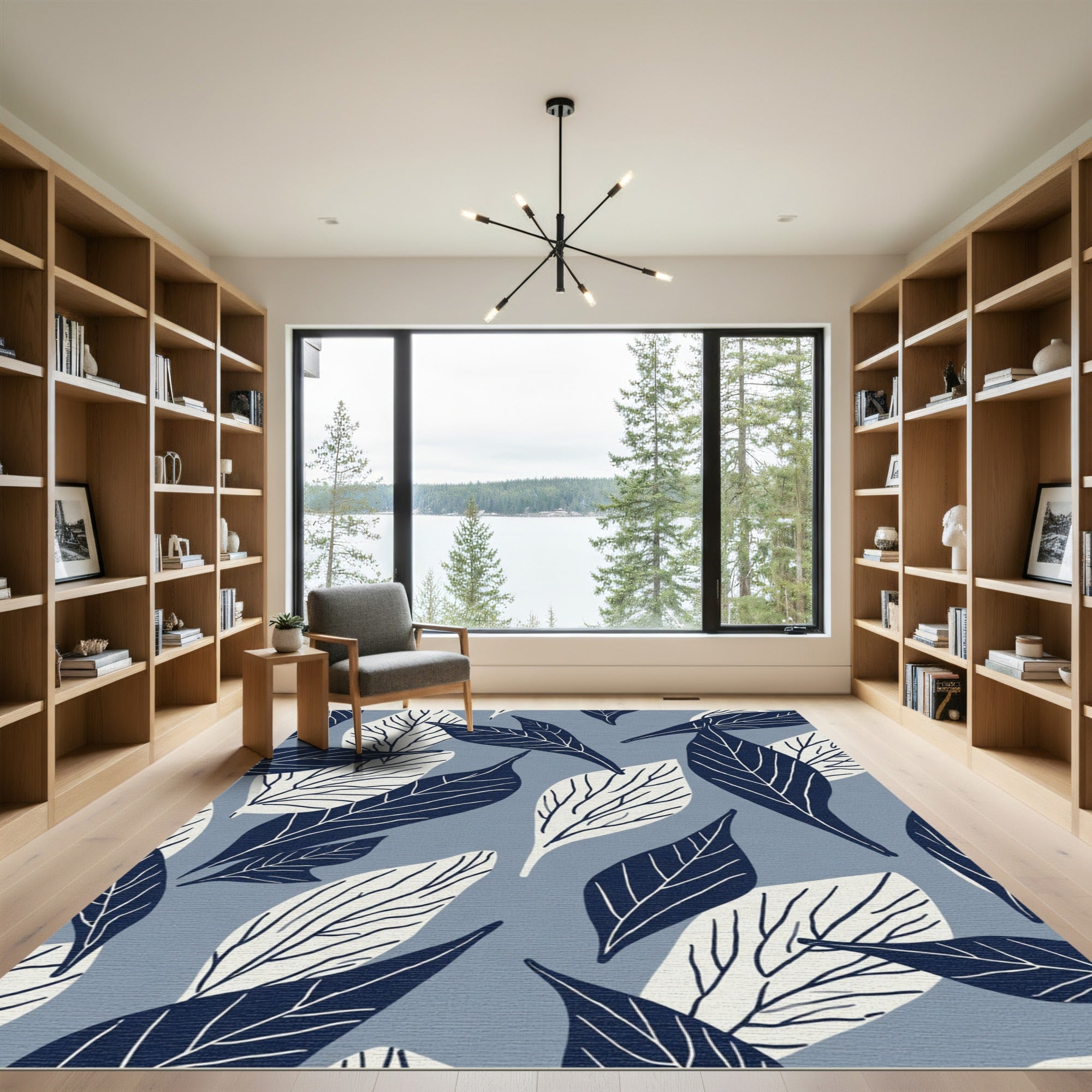 Navy Blue Cream Leafy Branches Rug