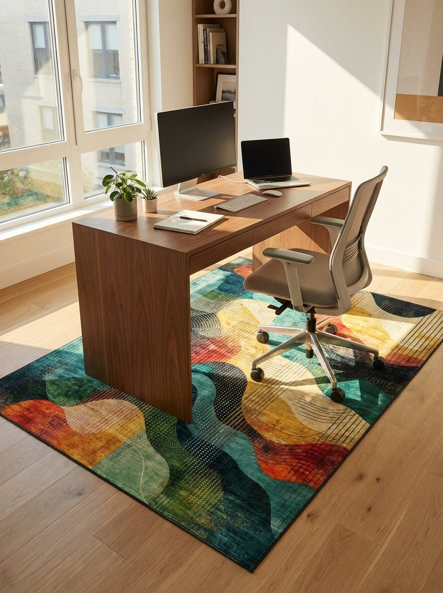 Vibrant Retro Wave-Print Rug - Washable Flatwoven Chenille