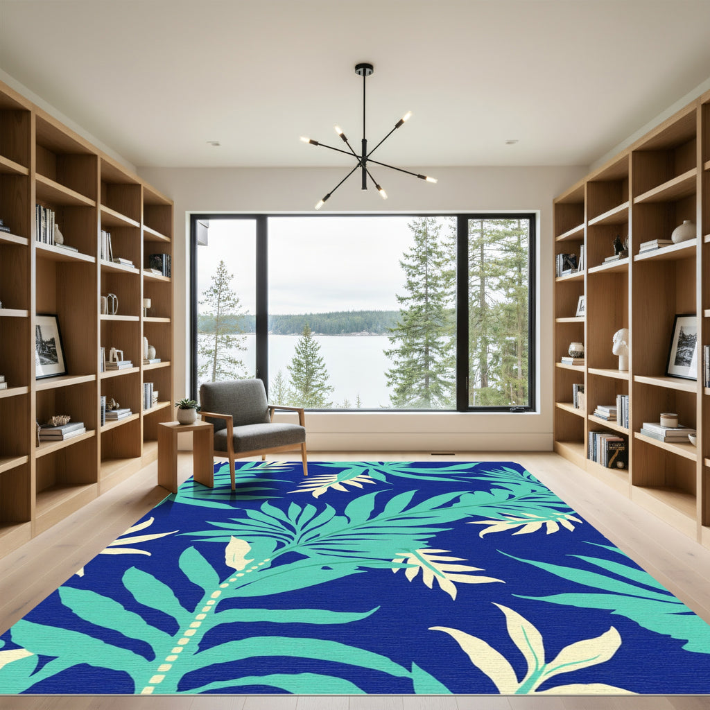 Aqua Teal Foliage Royal Blue Accent Rug