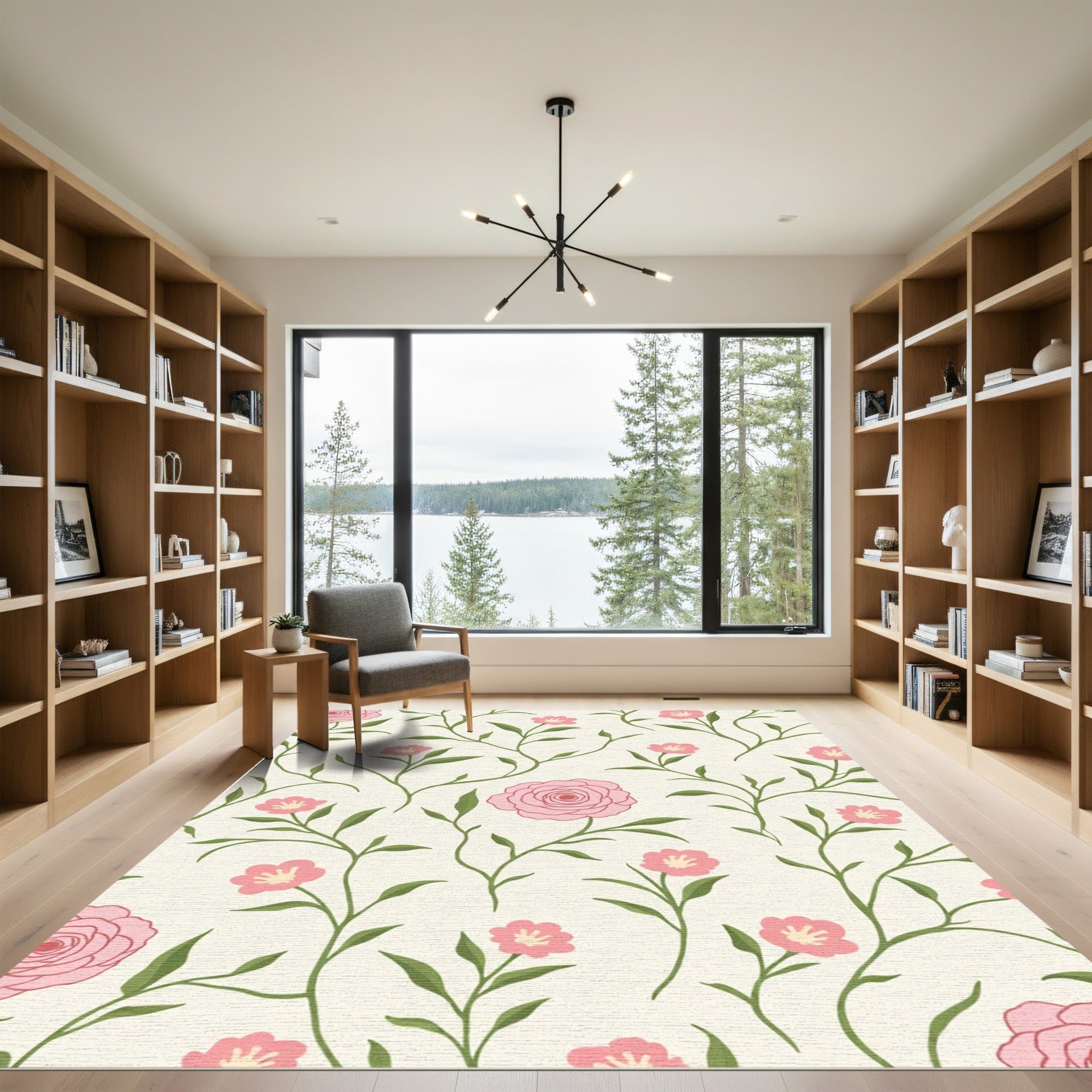 Pink Floral Vine Cream Rug