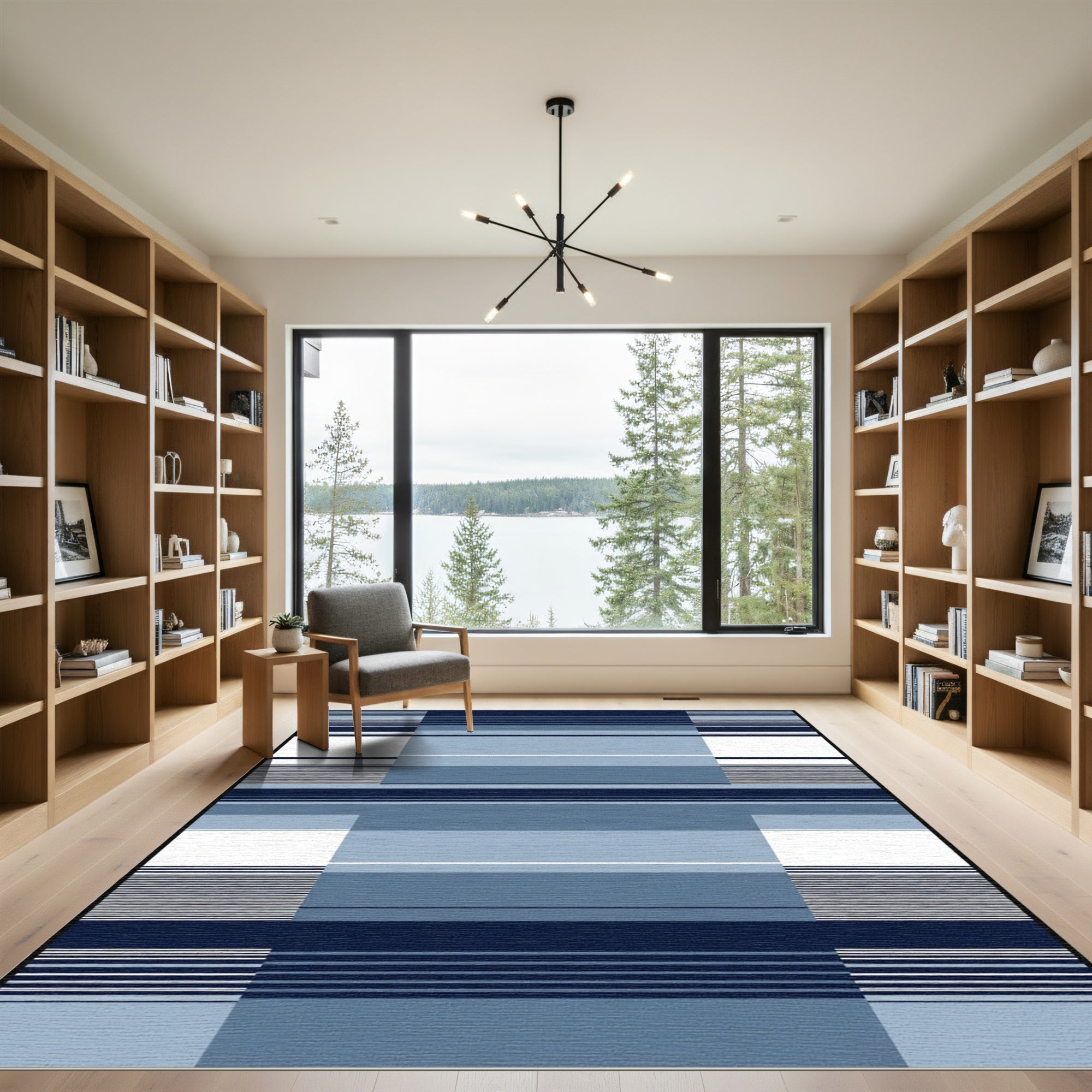 Modern Navy Blue Geometric Stripes Rug