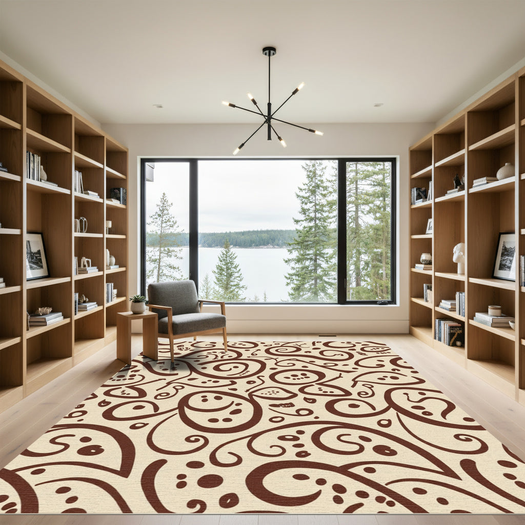 Brown Swirl Playful Faces Cream Background Rug