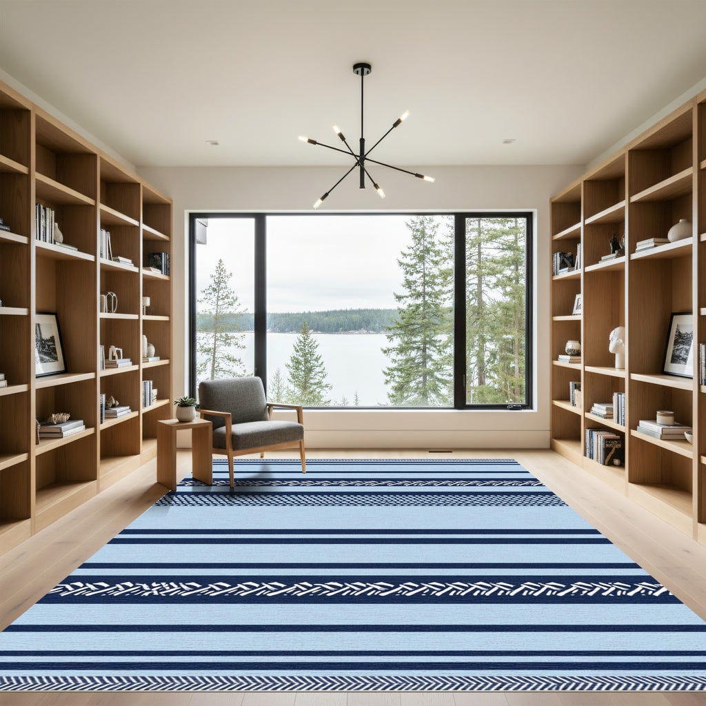 Light Blue Navy Multi Stripe Herringbone Rug