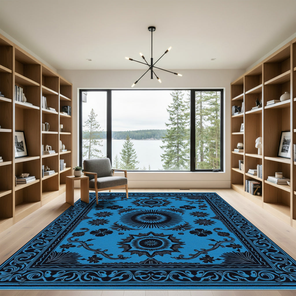 Bright Blue Black Ornamental Round Rug