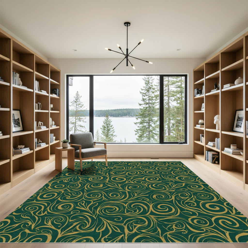 Emerald Gold Swirl Vine Scroll Rug