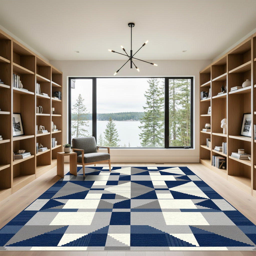 Deep Blue Geometric Blocks Rug