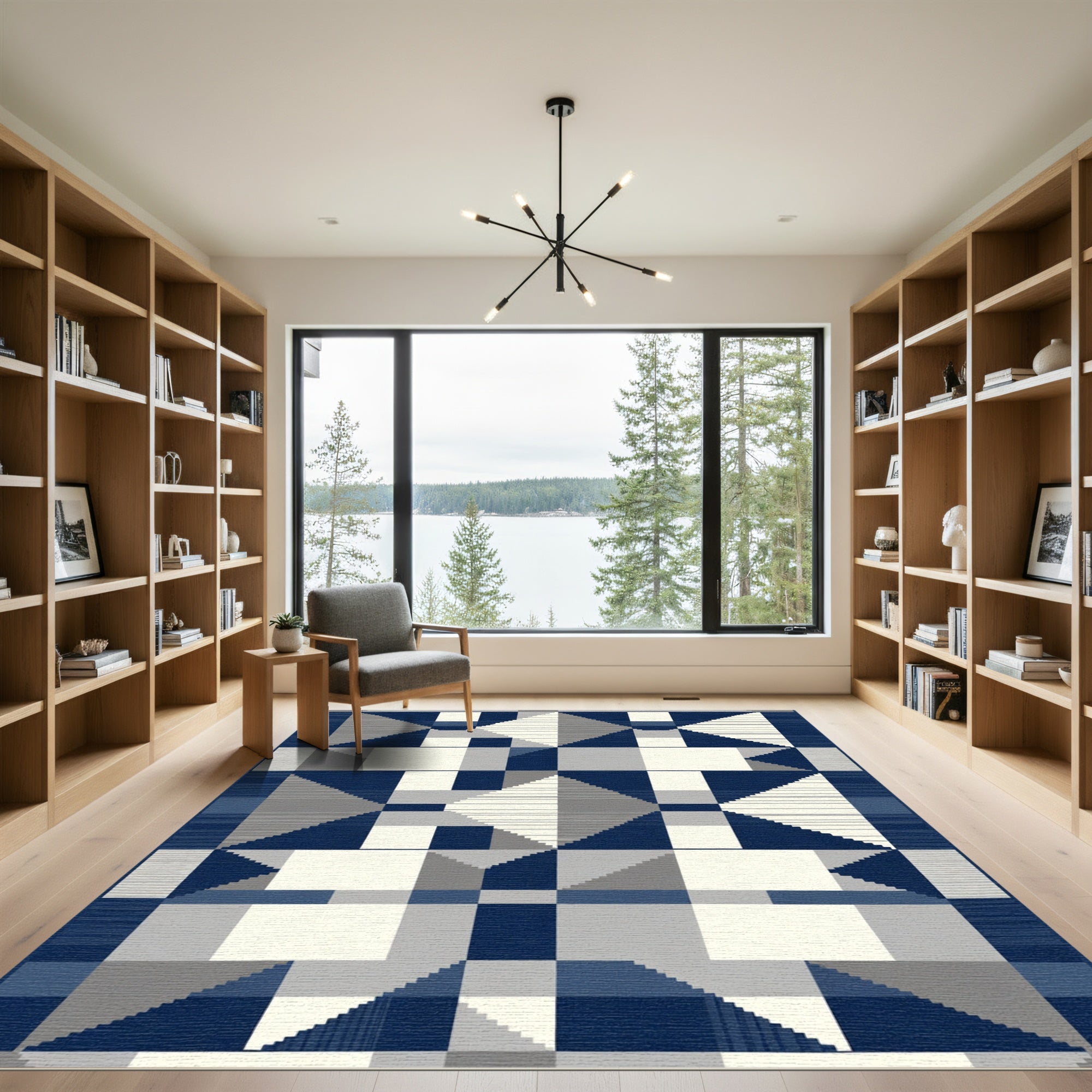 Deep Blue Geometric Blocks Rug