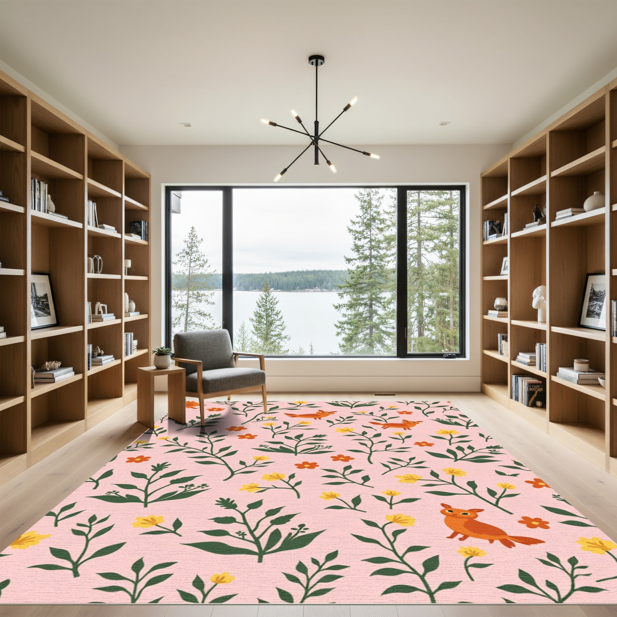 Whimsical orange foxes yellow blooms Rug