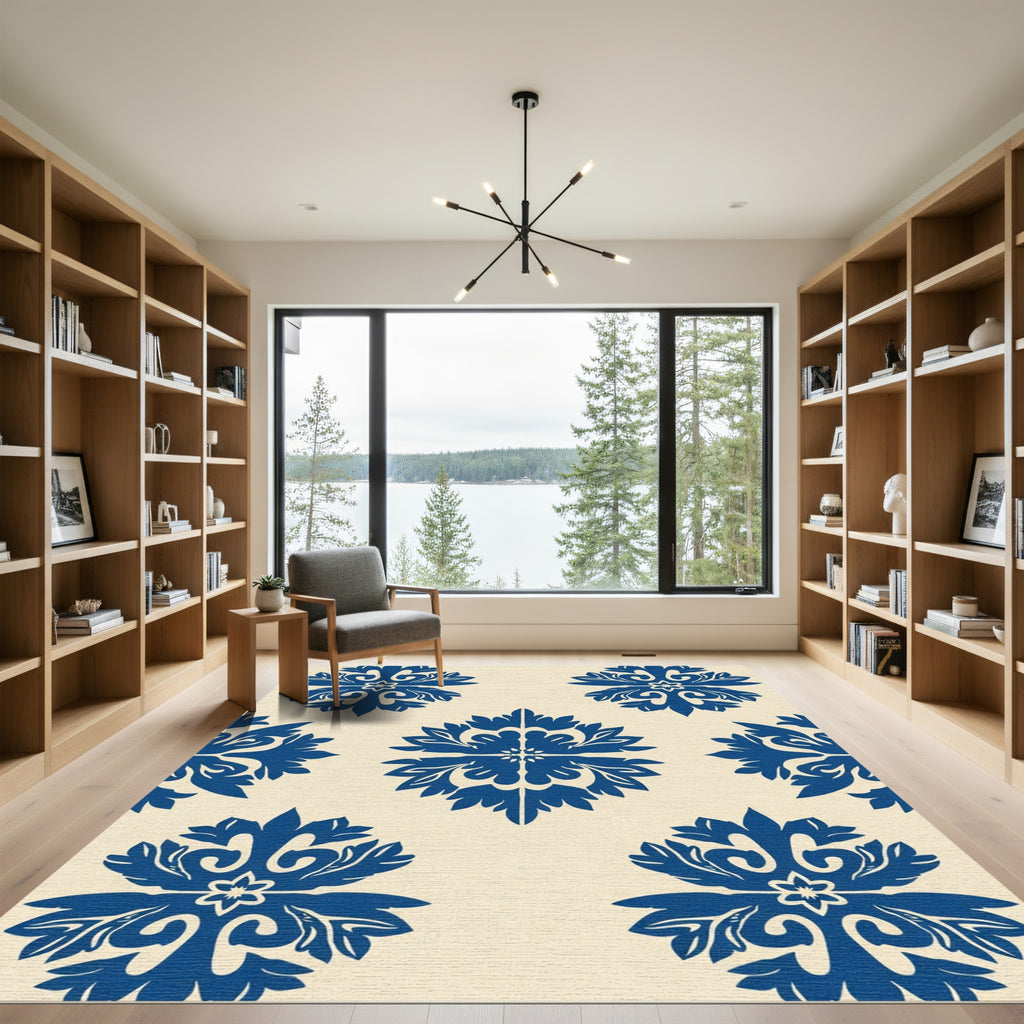 Royal Blue Floral Damask Medallion Rug