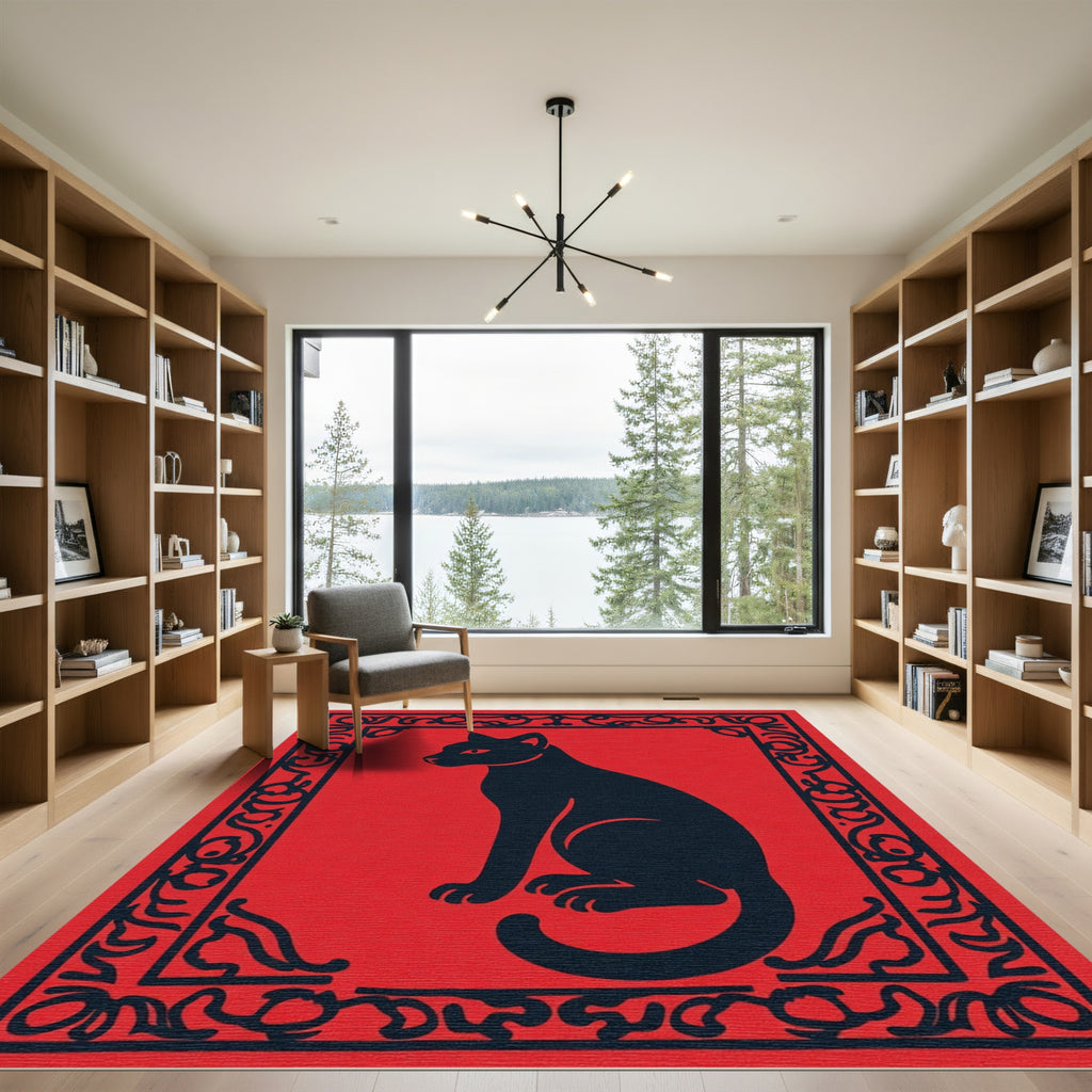 Bold Black Cat Red Border Rug