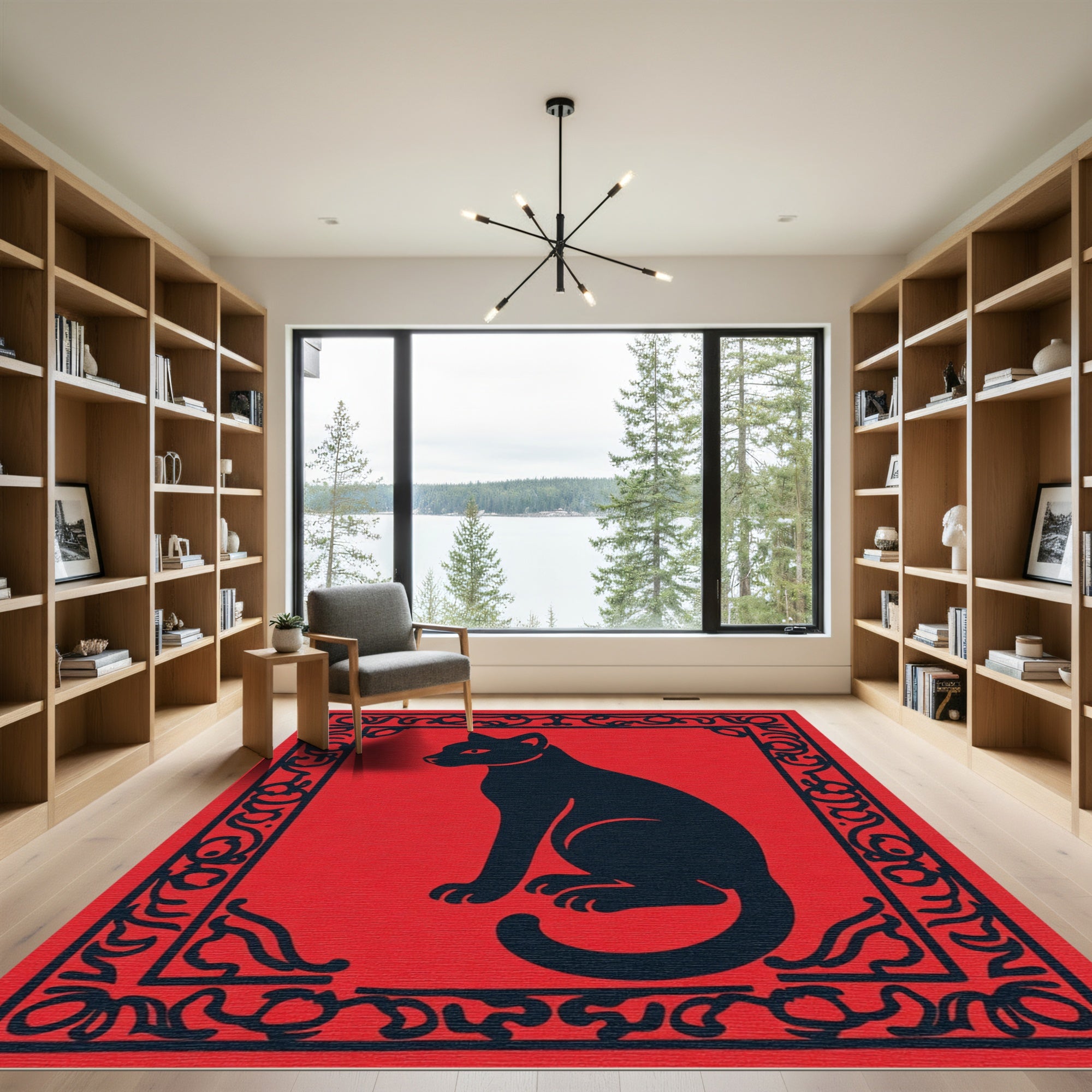 Bold Black Cat Red Border Rug