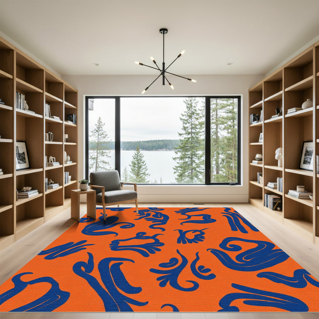 Vibrant Navy Organic Swirls on Orange Rug