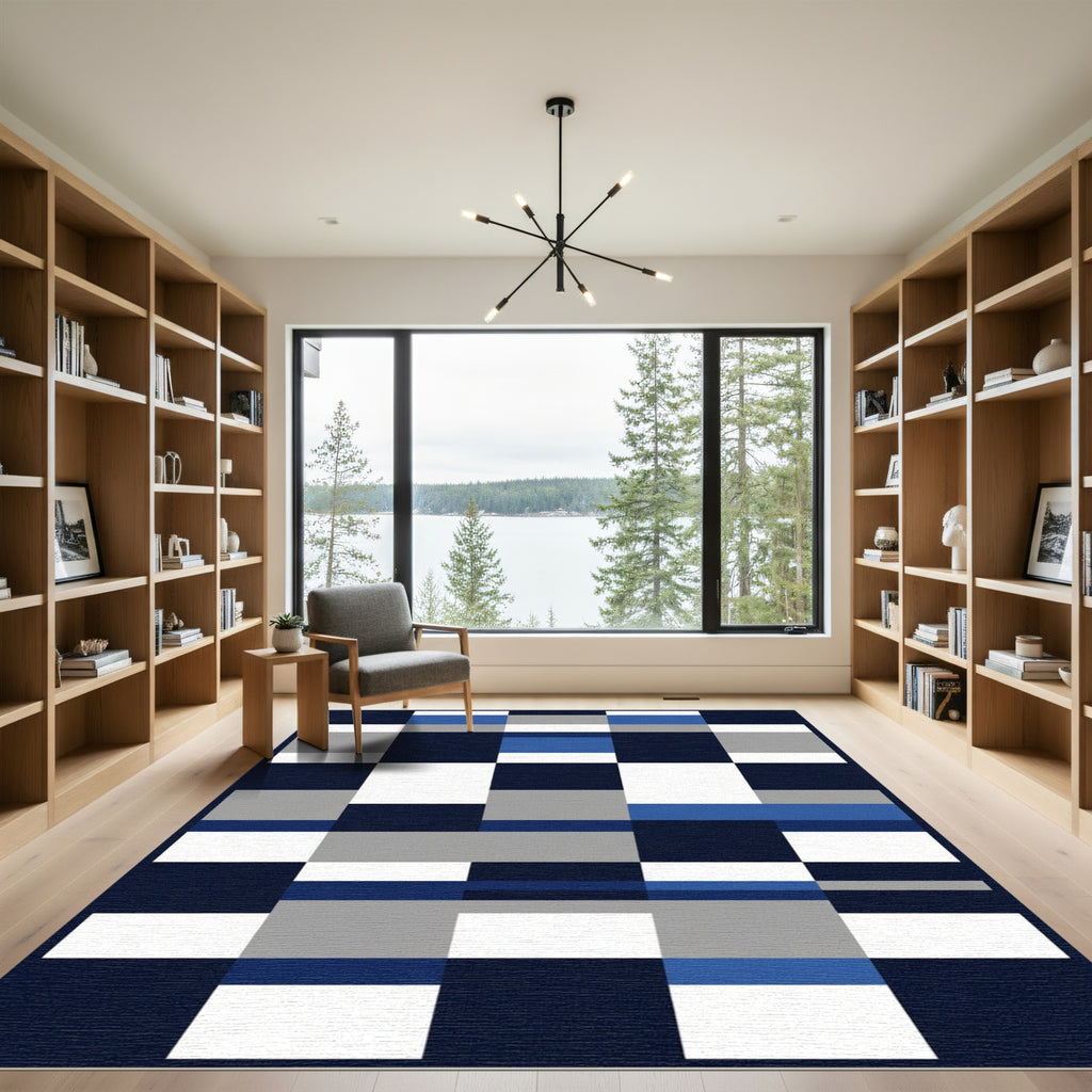 Navy Blue Gray White Geometric Blocks Rug