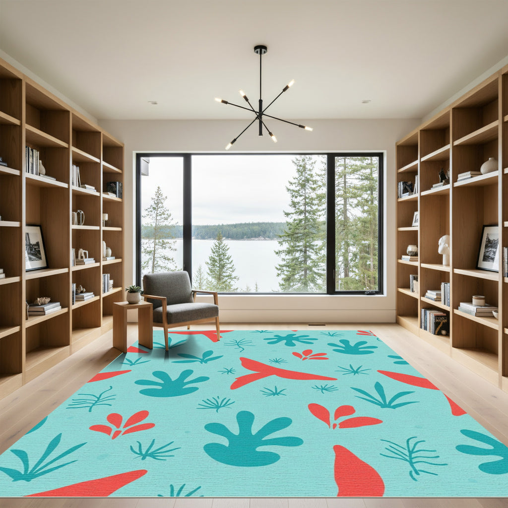 Coral Teal Abstract Botanical Shapes Rug