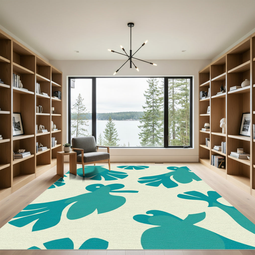 Teal Abstract Tropical Leaf Composition Rug