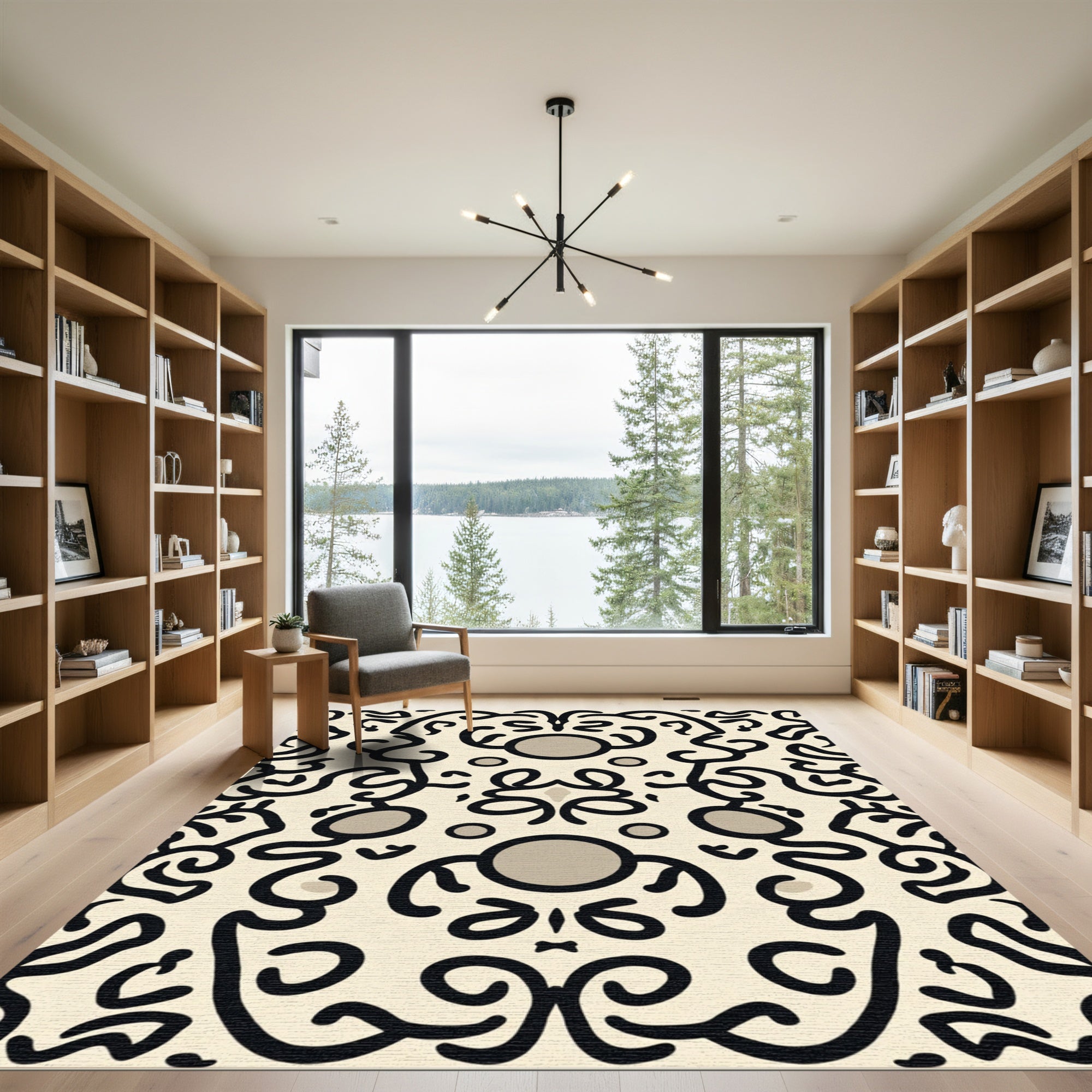 Cream Black Curled Abstract Figures Rug