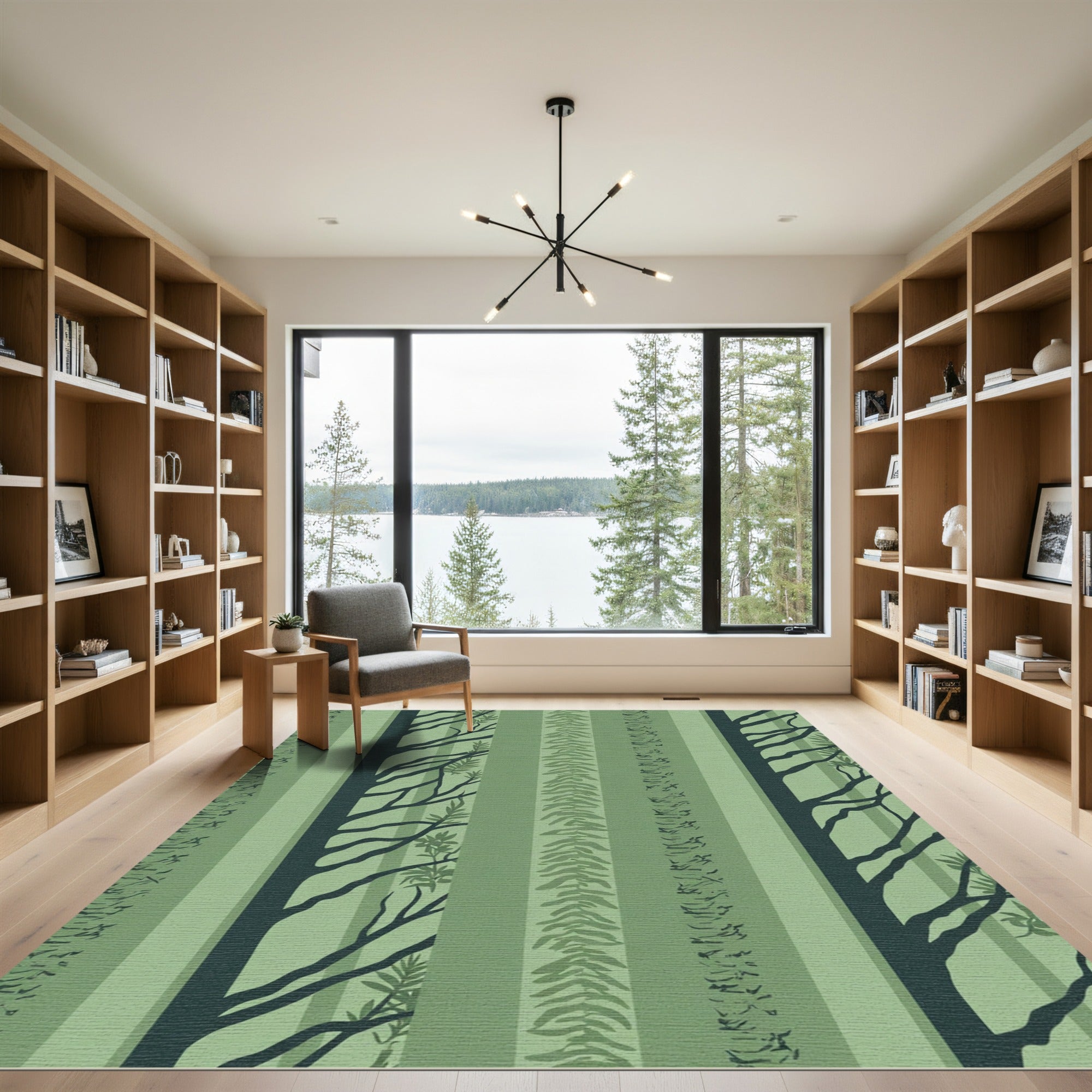 Dark Green Forest Striped Branches Rug