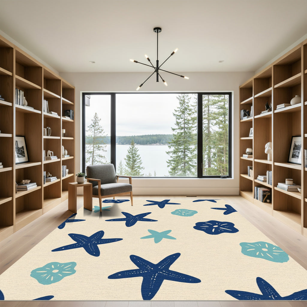 Navy Blue Starfish Sand Dollar Scene Rug