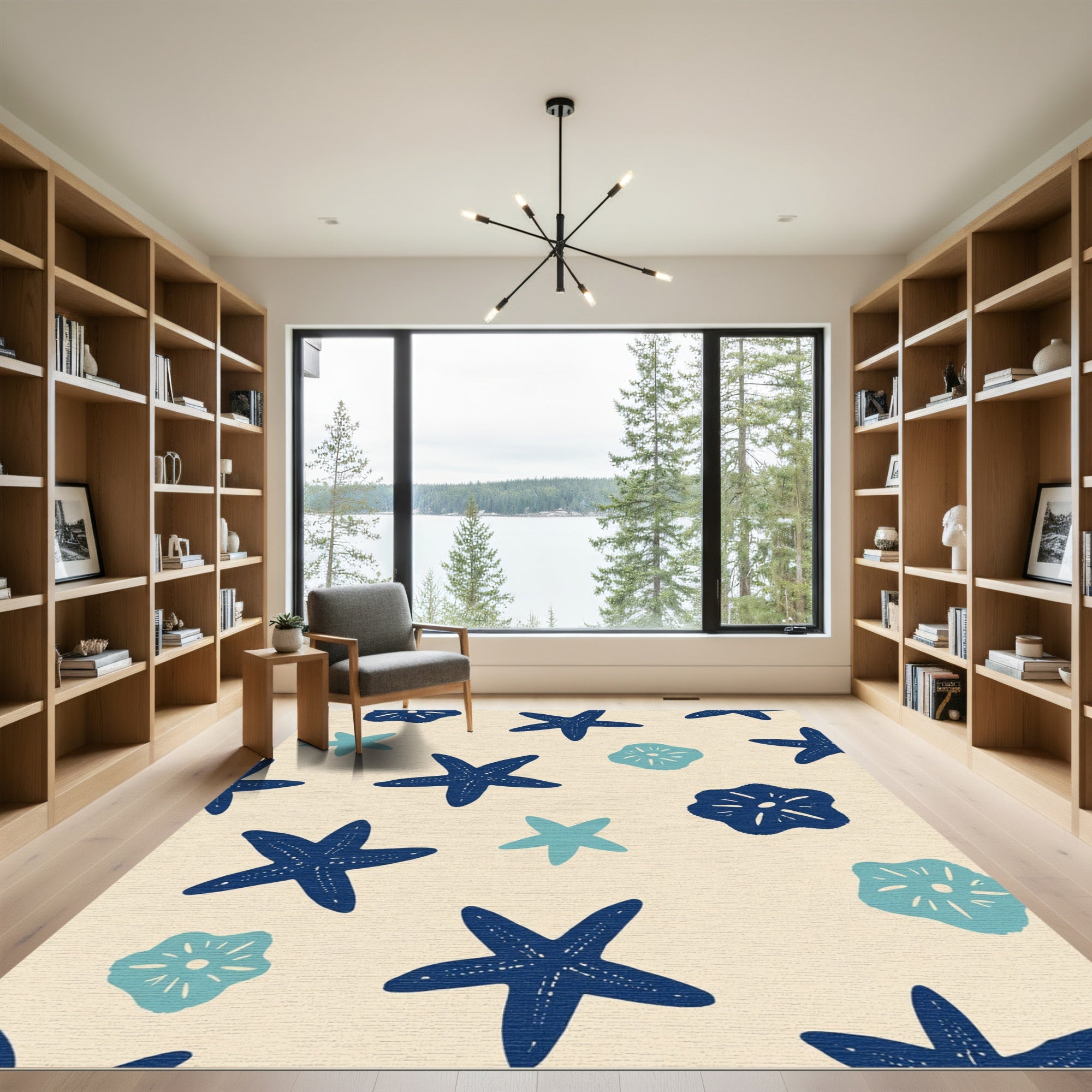 Navy Blue Starfish Sand Dollar Scene Rug