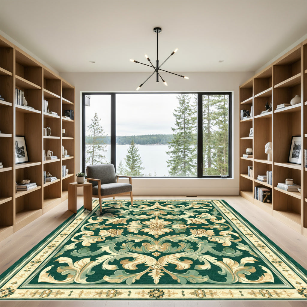 Green Beige Acanthus Scrollwork Rug