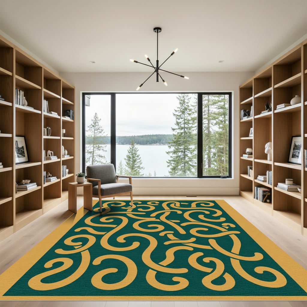 Dark Teal Gold Swirls Intertwined Rug
