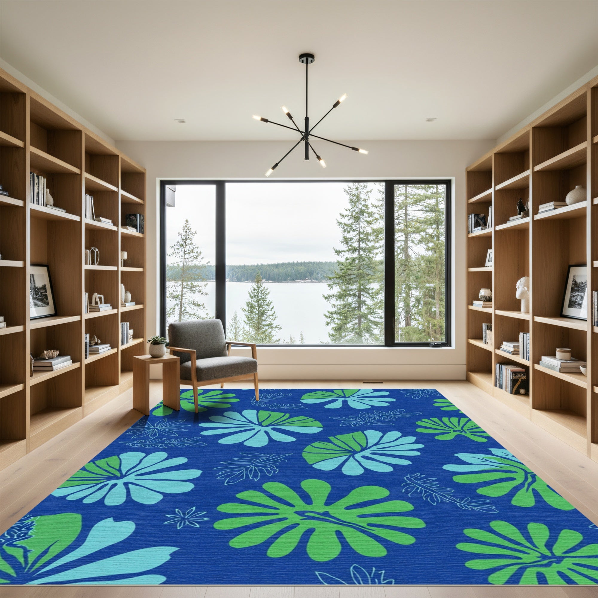 Tropical Blue Green Leaf Arrangement Rug