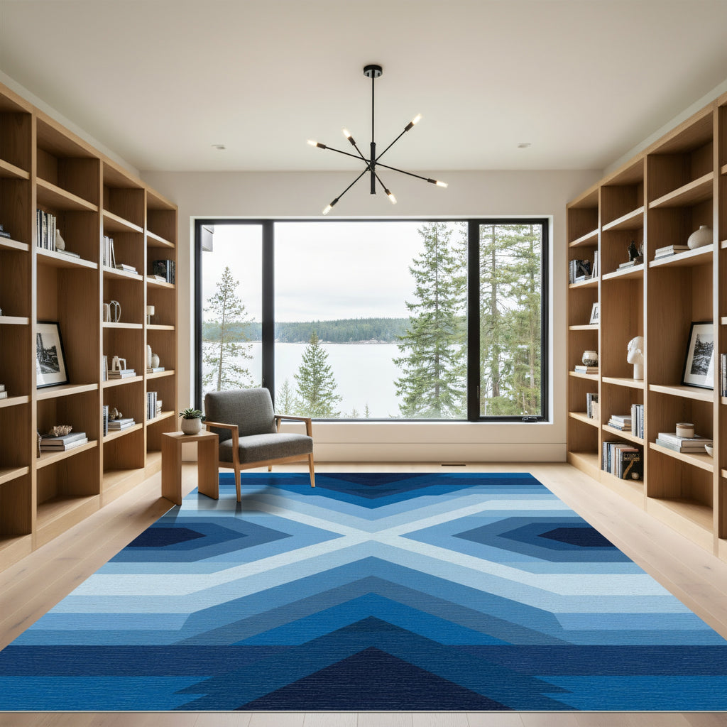 Gradient Blue Geometric Chevron Rug
