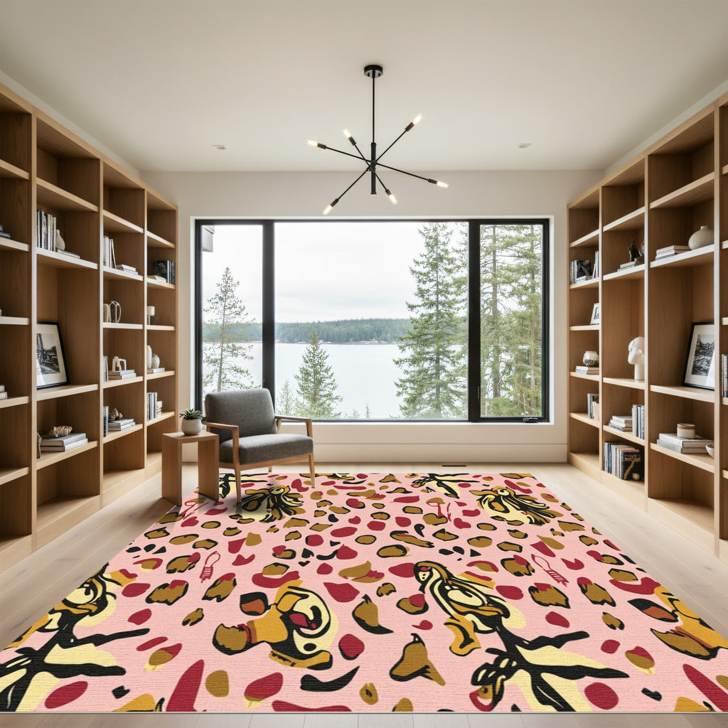 Whimsical Pink Cheetah Bird Collage Rug